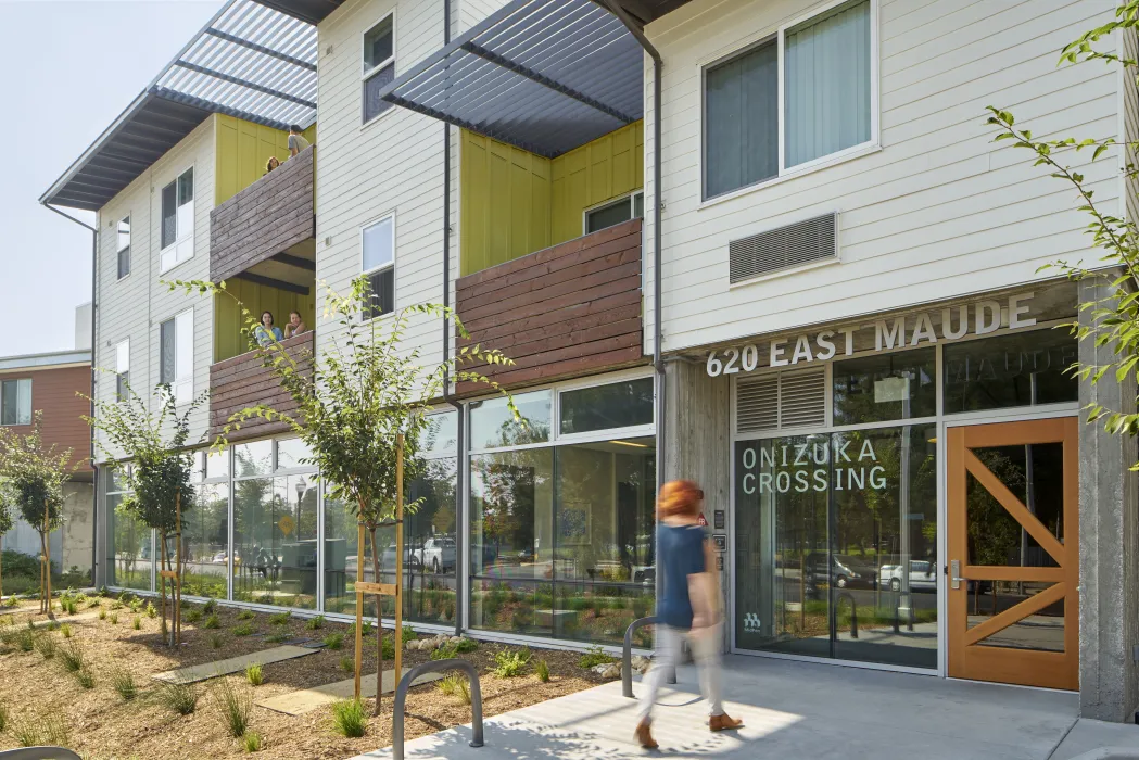 Exterior entrance view of Onizuka Crossing Family Housing in Sunnyvale, California.