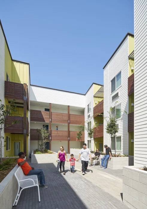 Courtyard view of Onizuka Crossing Family Housing in Sunnyvale, California.