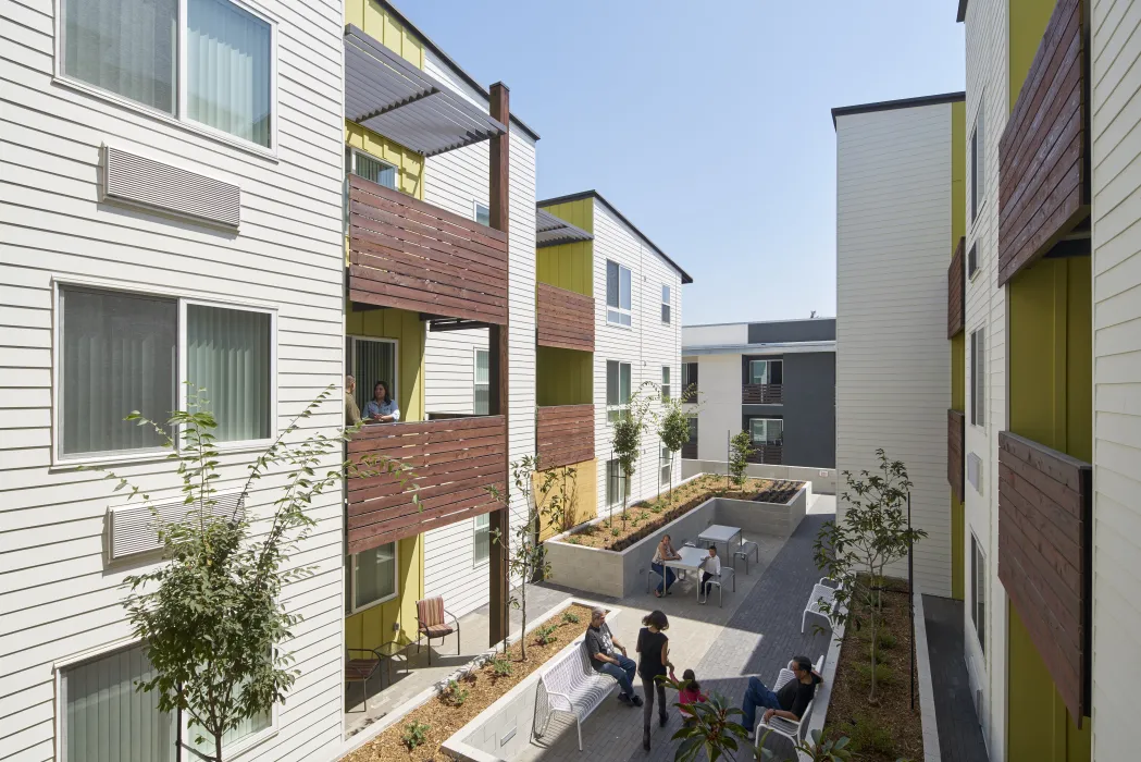 Courtyard inside Onizuka Crossing Family Housing in Sunnyvale, California.