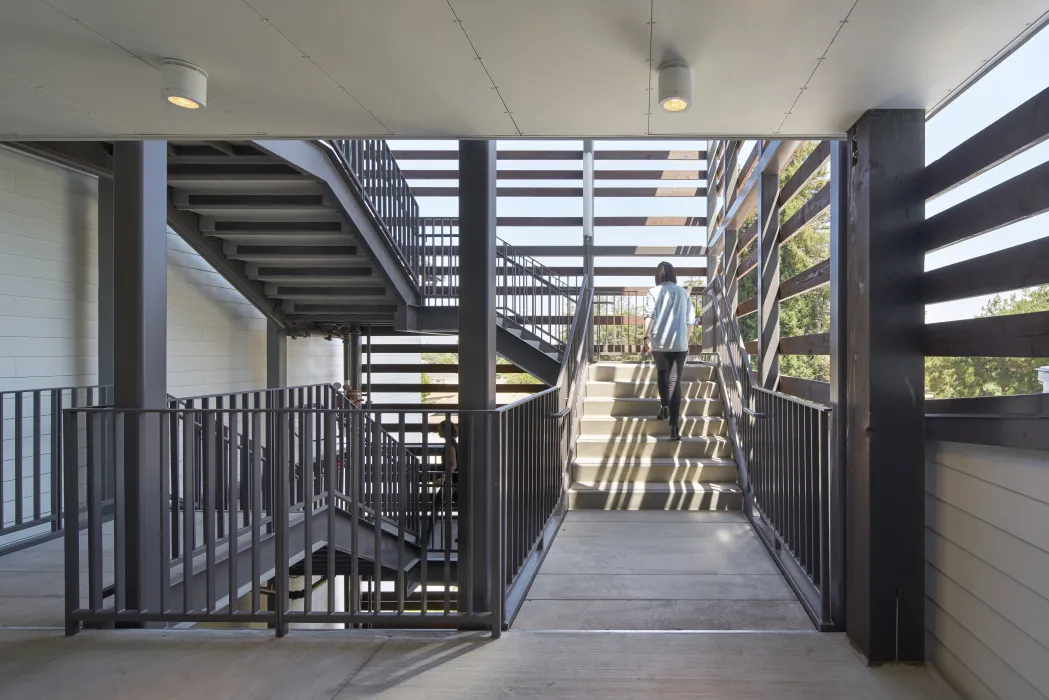 Exterior view of Onizuka Crossing Family Housing in Sunnyvale, California.