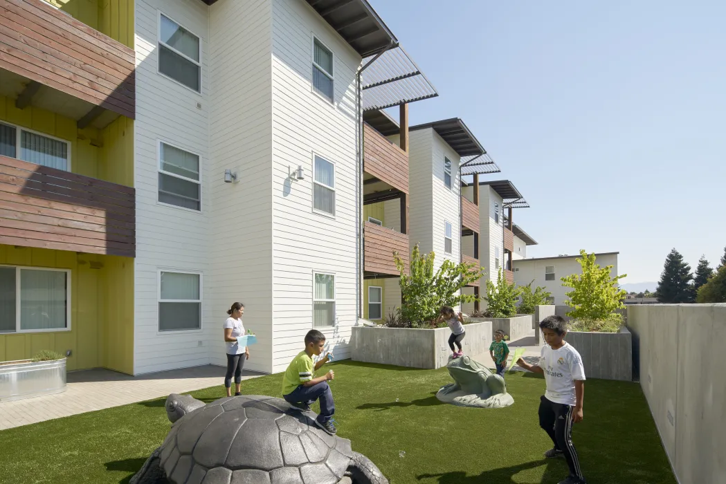 Exterior view of Onizuka Crossing Family Housing in Sunnyvale, California.