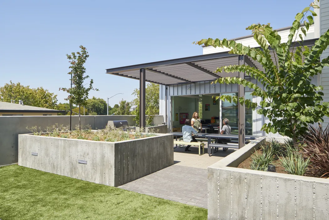 Courtyard view of Onizuka Crossing Family Housing in Sunnyvale, California.