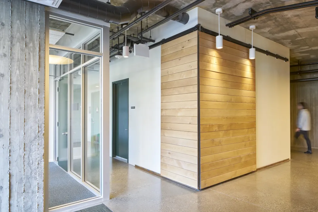 Entrance lobby inside Onizuka Crossing Family Housing in Sunnyvale, California.