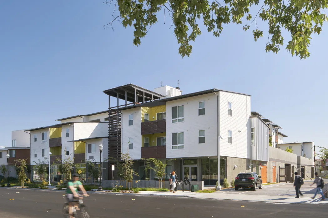 Exterior view of Onizuka Crossing Family Housing in Sunnyvale, California.