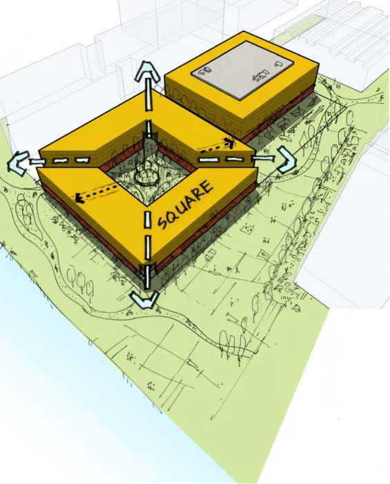 3D diagram showing the maker square for Pier 70 in San Francisco.
