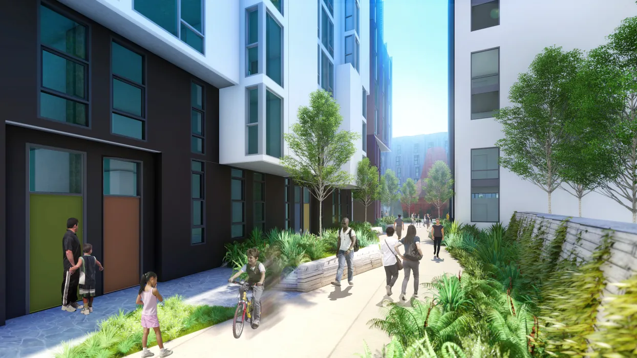 Rendering of pedestrian mews for Brady Block development in San Francisco.