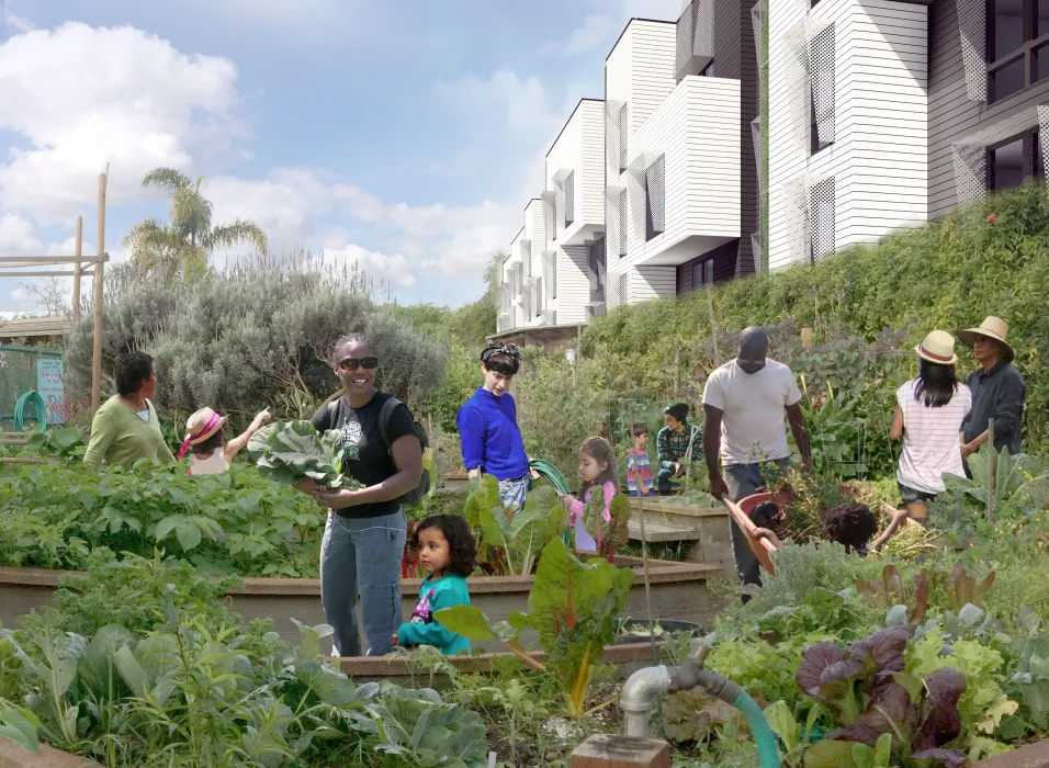 Exterior rendering of the community garden at 2675 Folsom Street in San Francisco.