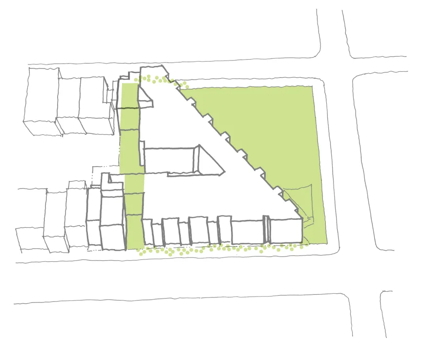 Diagram showing the ring of greenery surrounding 2675 Folsom Street in San Francisco.