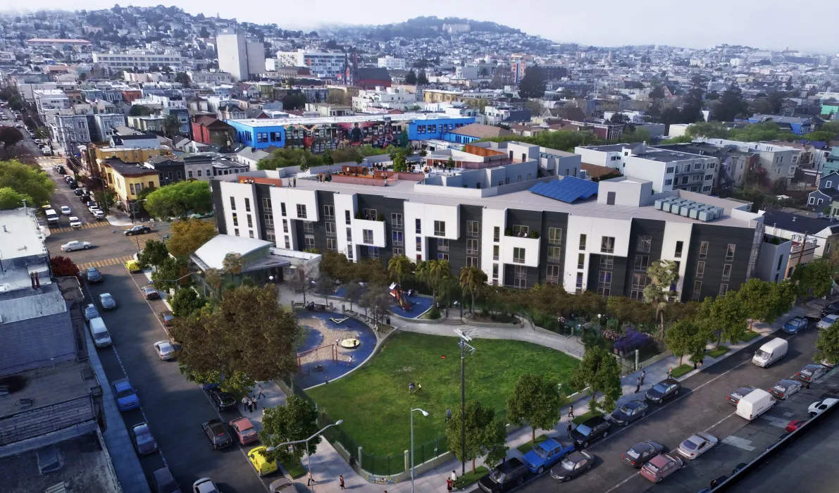 Aerial rendering of 2675 Folsom Street in San Francisco.