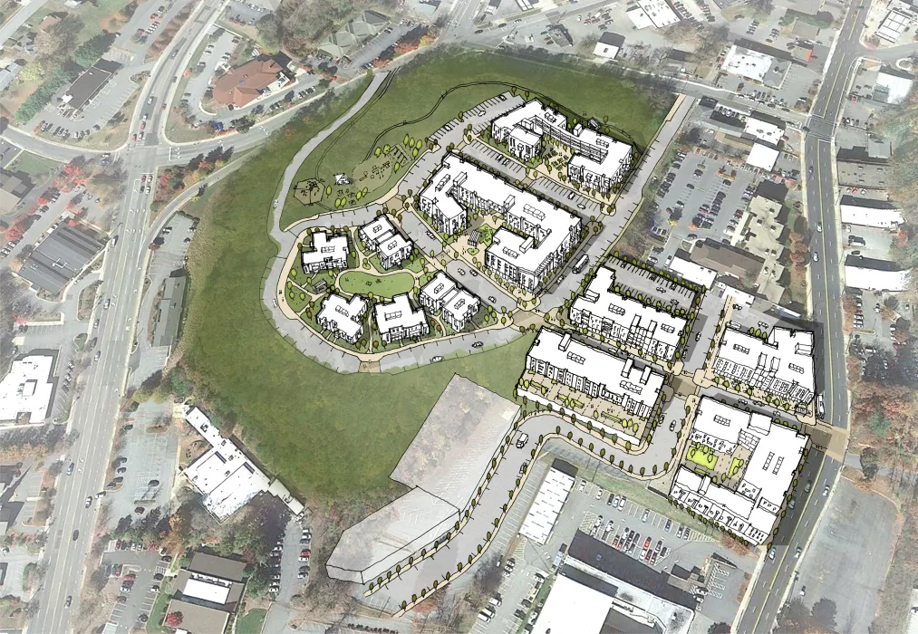 Rendering of aerial view of Lee Walker Heights in Asheville, North Carolina.