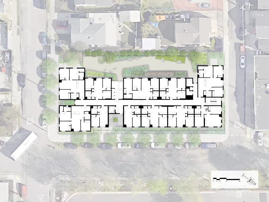Upper level site plan for Coliseum Place, affordable housing in Oakland, Ca