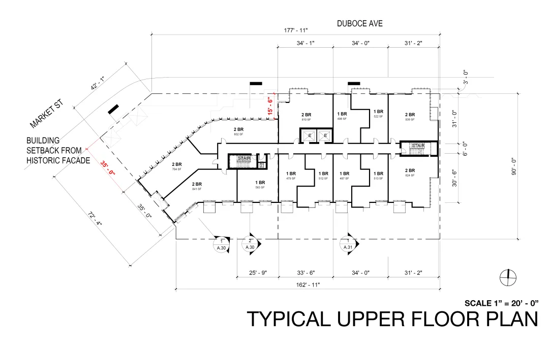 Upper floor site plan for 1965 Market Street in San Francisco.