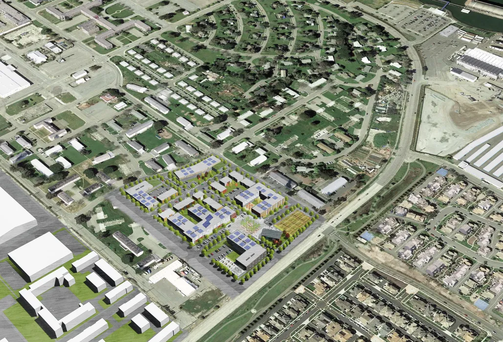 Rendered aerial view of RESHAP Alameda Point in Alameda, Ca.