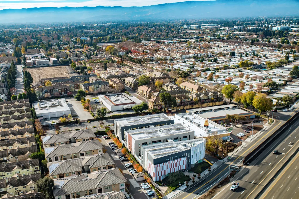 Aerial view of Edwina Benner Plaza in Sunnyvale, Ca.