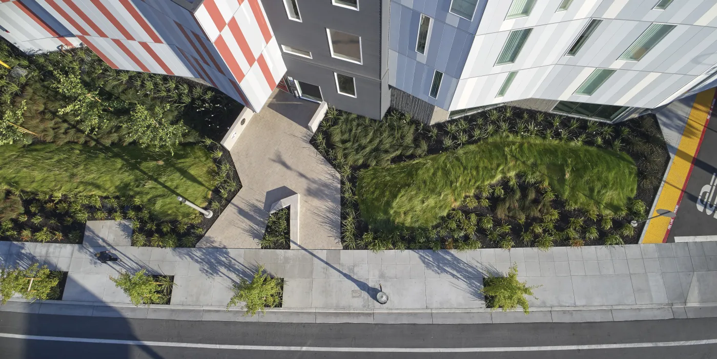 Aerial view of Edwina Benner Plaza in Sunnyvale, Ca.