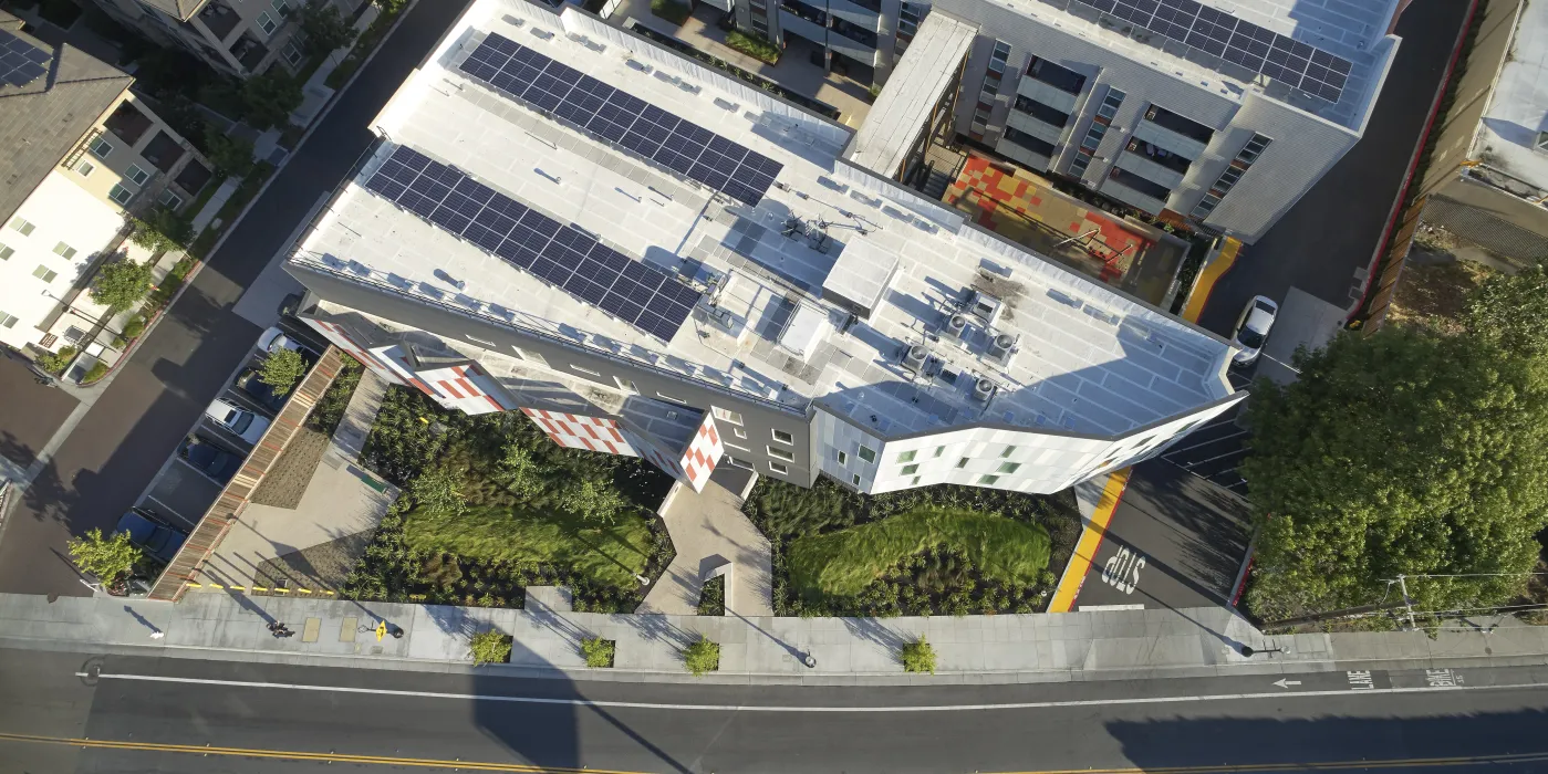 Aerial view of Edwina Benner Plaza in Sunnyvale, Ca.