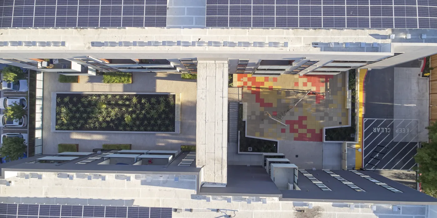 Aerial view of Edwina Benner Plaza in Sunnyvale, Ca.