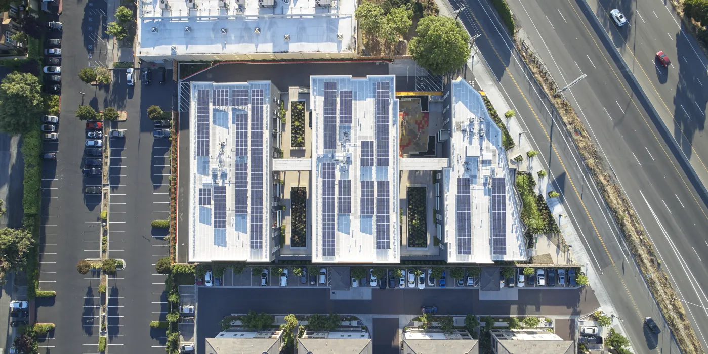 Aerial view of Edwina Benner Plaza in Sunnyvale, Ca.