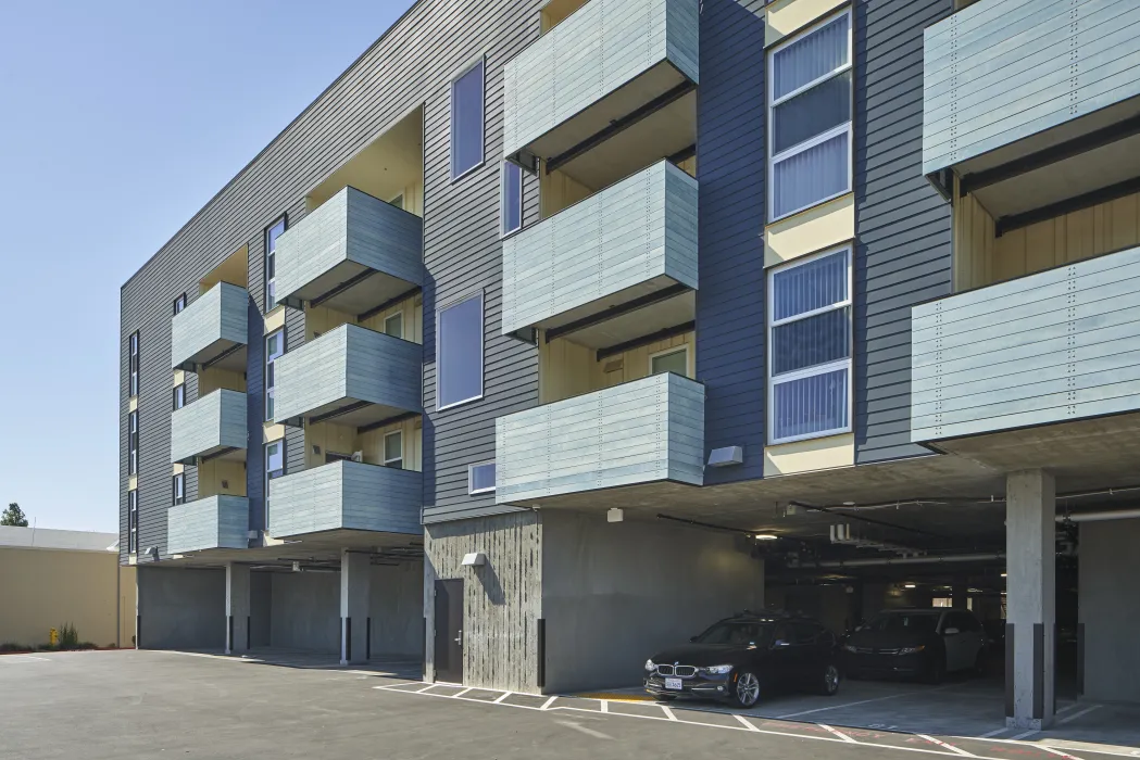 View of the parking garage in Edwina Benner Plaza in Sunnyvale, Ca.