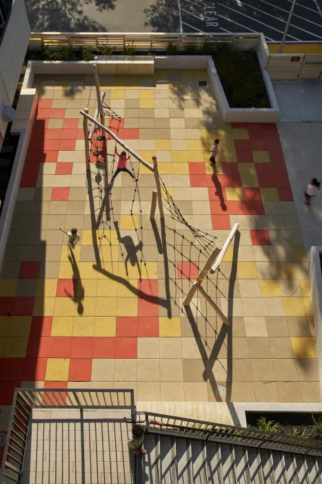 Aerial view of the playground in Edwina Benner Plaza in Sunnyvale, Ca.