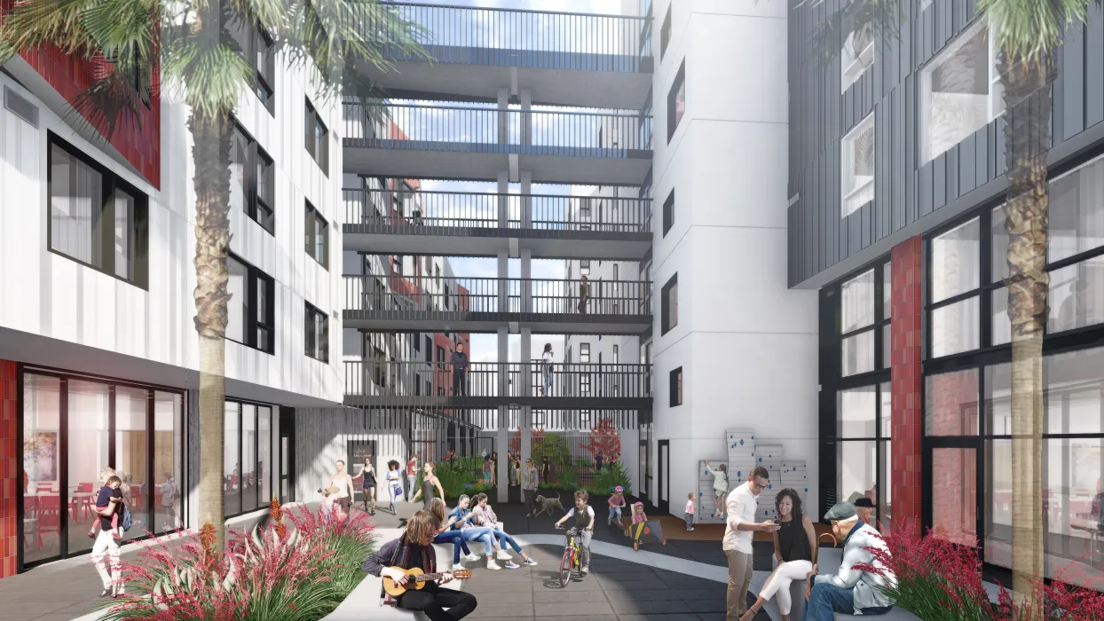 Rendered courtyard at La Fénix at 1950, affordable housing in the mission district of San Francisco.