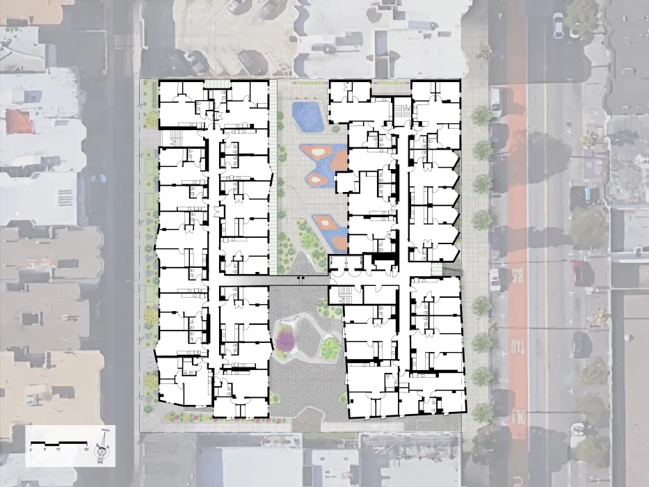 Lower level site plan for La Fénix at 1950, affordable housing in the mission district of San Francisco.