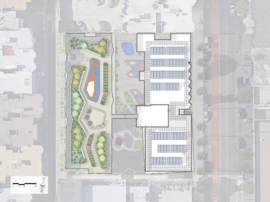 Roof level site plan for La Fénix at 1950, affordable housing in the mission district of San Francisco.