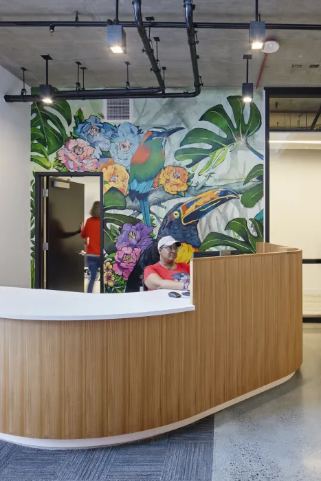 Entrance lobby inside La Fénix at 1950, affordable housing in the mission district of San Francisco.