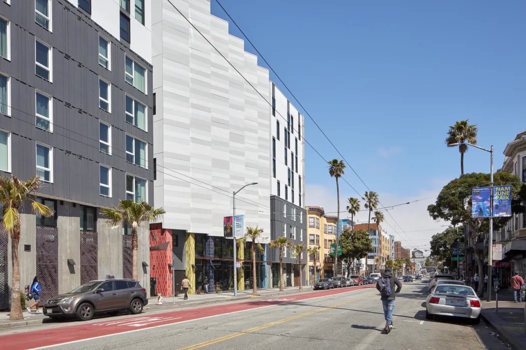 Street view of La Fénix at 1950, affordable housing in the mission district of San Francisco.