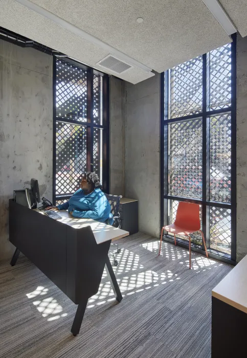 Management center inside La Fénix at 1950, affordable housing in the mission district of San Francisco.