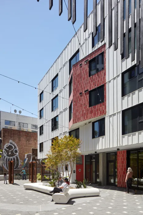 Courtyard inside La Fénix at 1950, affordable housing in the mission district of San Francisco.