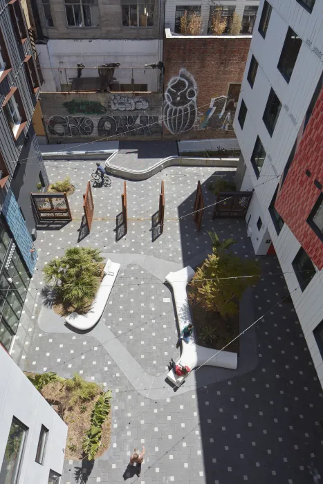 Aerial view of the Zocalo inside La Fénix at 1950, affordable housing in the mission district of San Francisco.