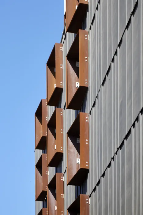 Steel sunshades on La Fénix at 1950, affordable housing in the mission district of San Francisco.