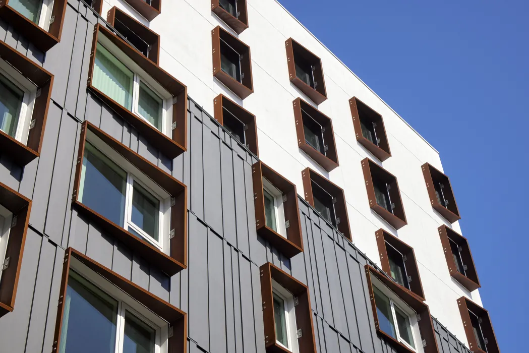 Steel sunshades on La Fénix at 1950, affordable housing in the mission district of San Francisco.