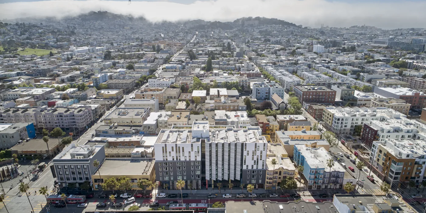 Aerial view of La Fénix at 1950, affordable housing in the mission district of San Francisco.
