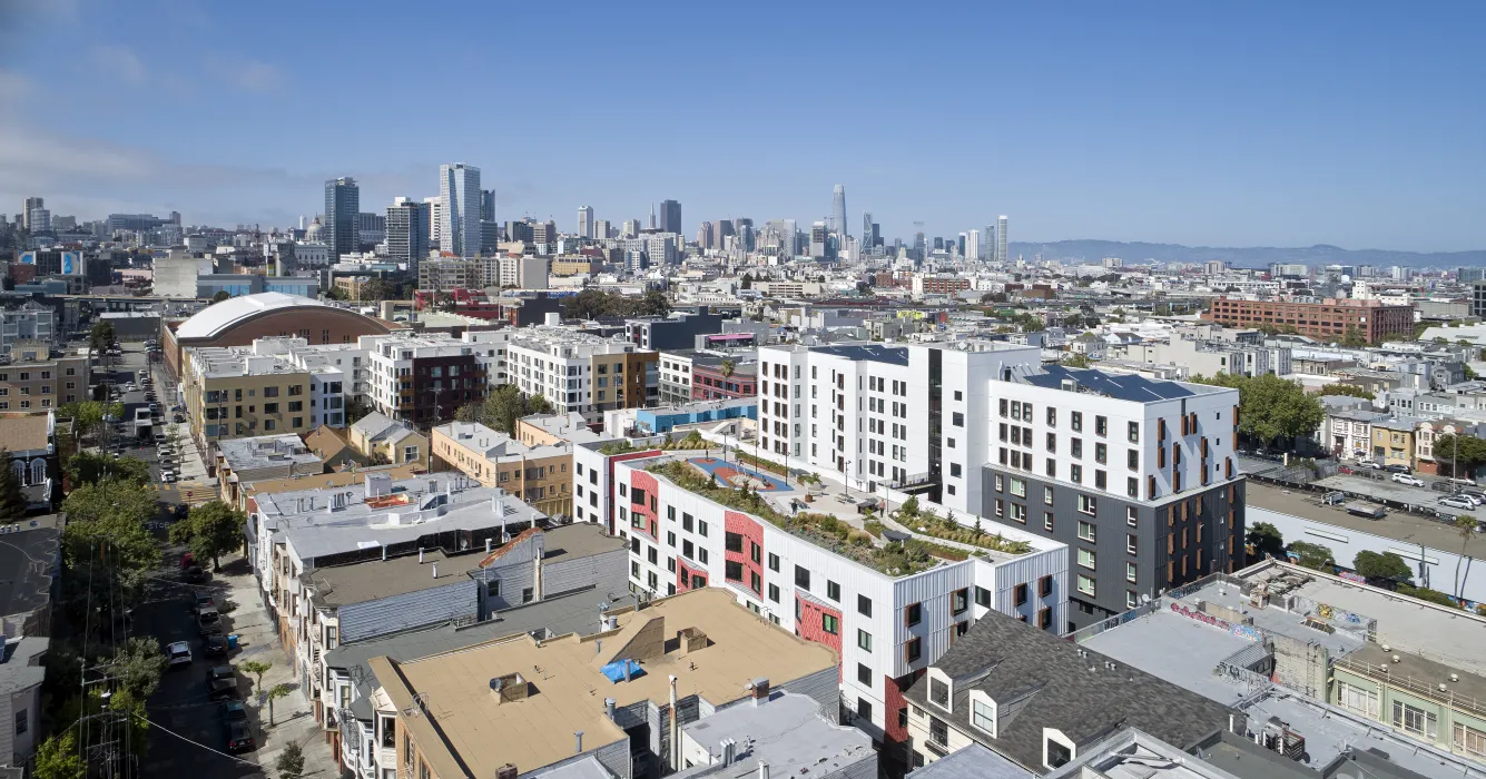 Aerial view of La Fénix at 1950, affordable housing in the mission district of San Francisco.