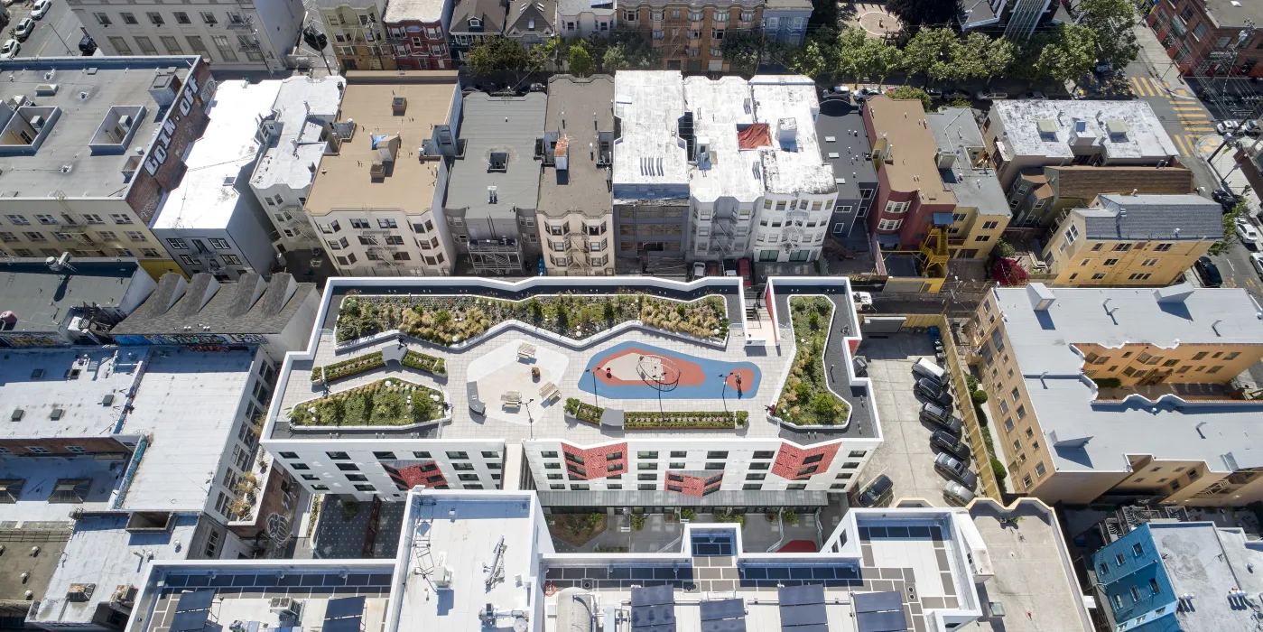 Aerial view of La Fénix at 1950, affordable housing in the mission district of San Francisco.