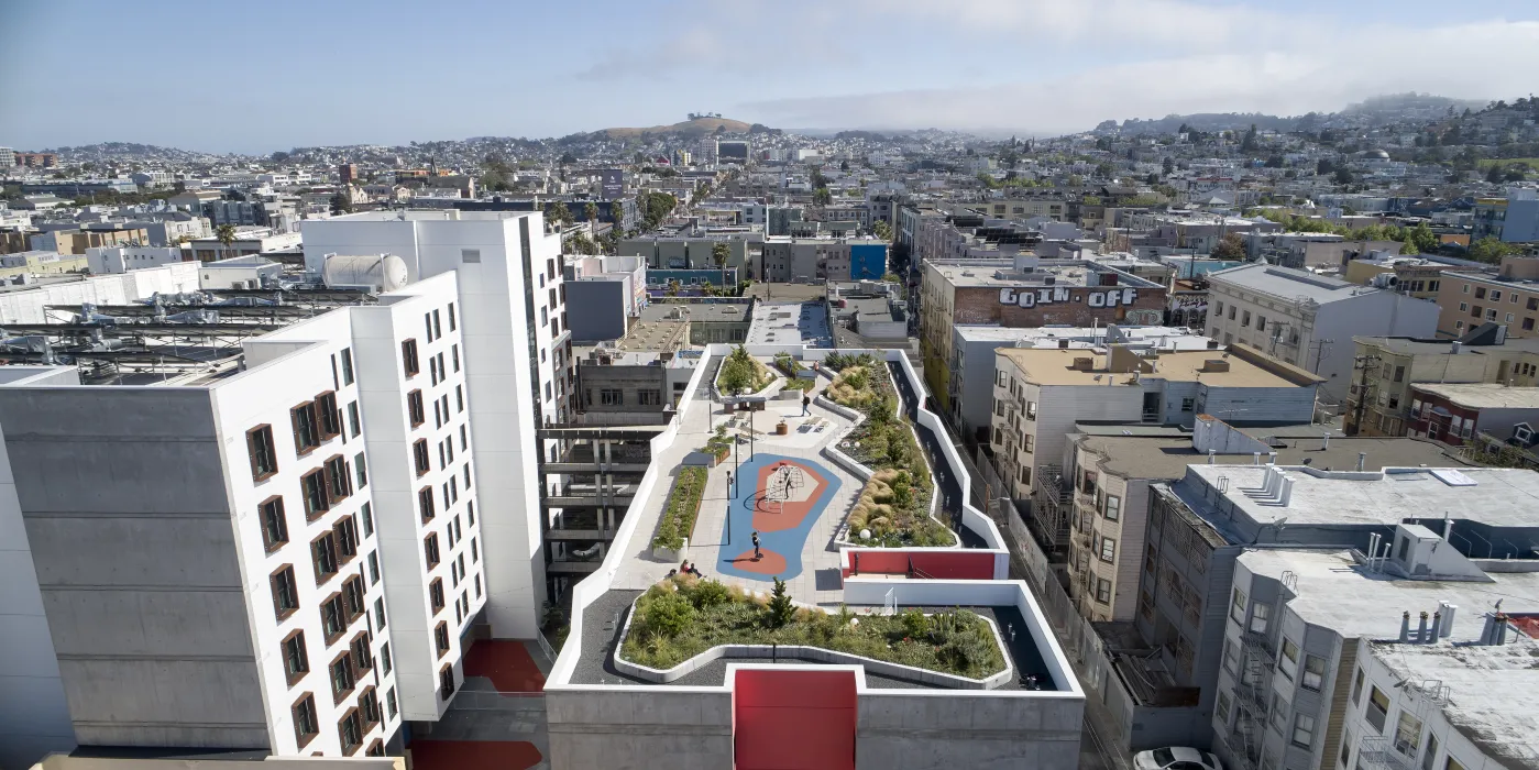 Aerial view of La Fénix at 1950, affordable housing in the mission district of San Francisco.