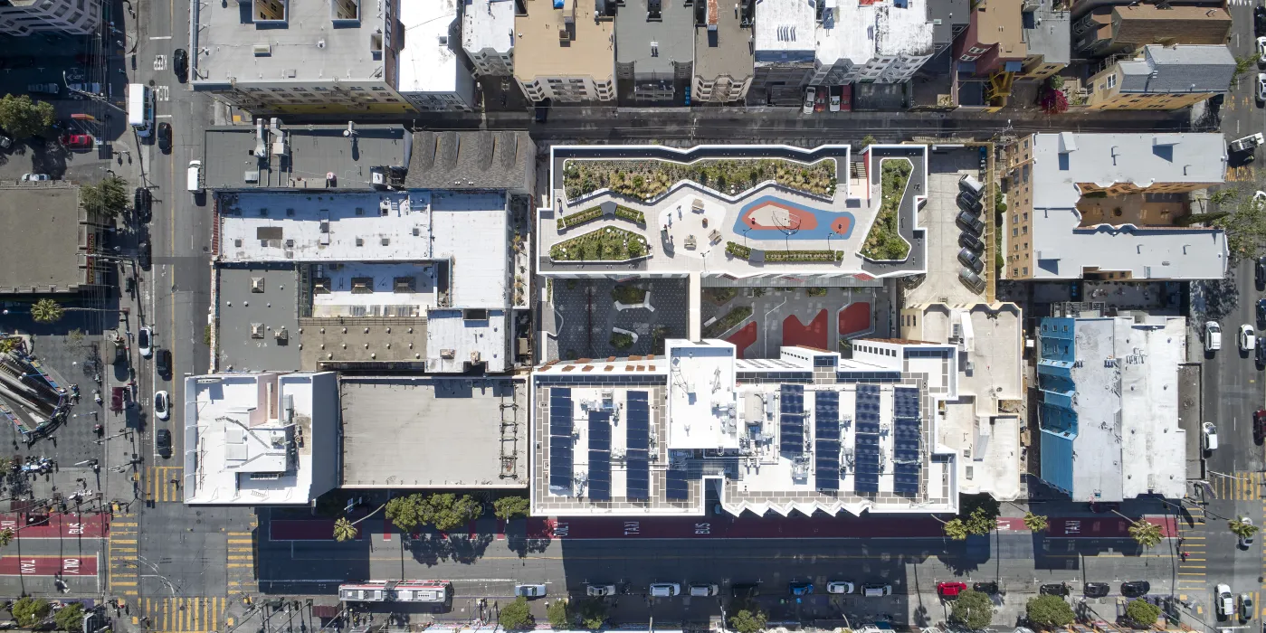 Aerial view of La Fénix at 1950, affordable housing in the mission district of San Francisco.