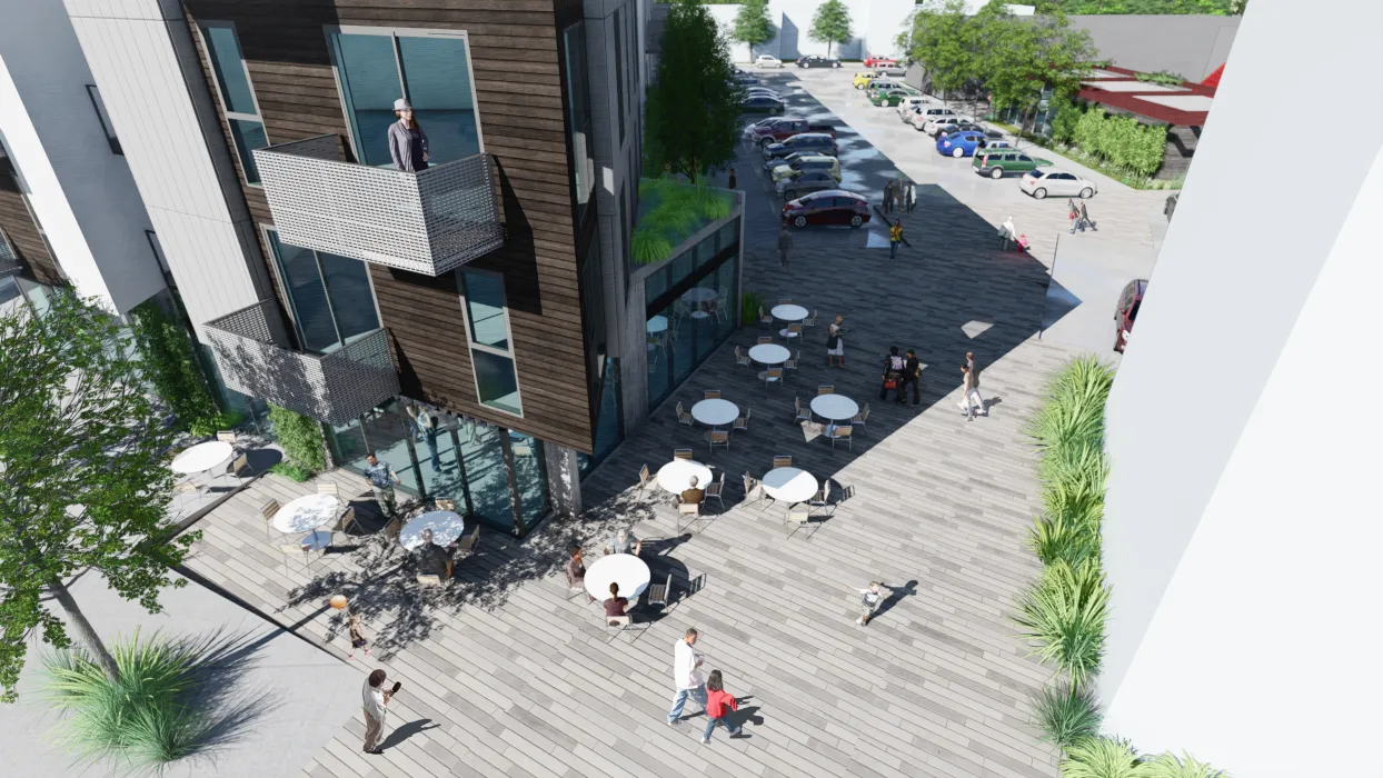 Aerial rendered view of entry plaza for 26th and Clarksville in Nashville, Tennessee. 