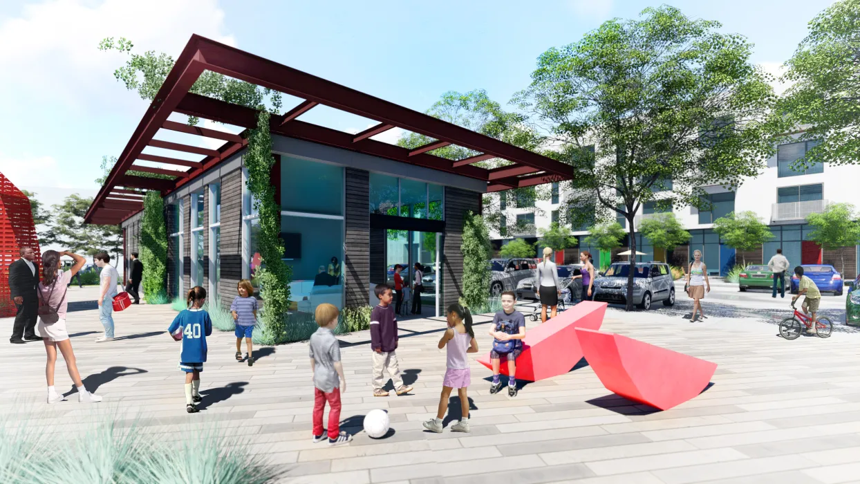 Exterior rendering of the common building plaza for 26th and Clarksville in Nashville, Tennessee. 