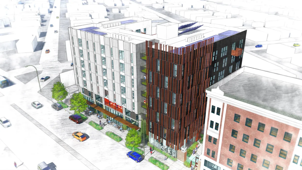 Exterior rendering of 34th and San Pablo Affordable Family Housing in Oakland, California.