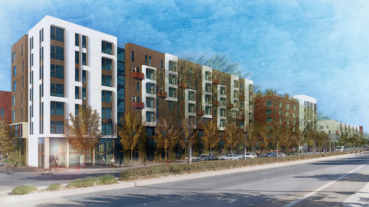 Exterior rendering of the 11th Street elevation for Windflower II in Union City, California.