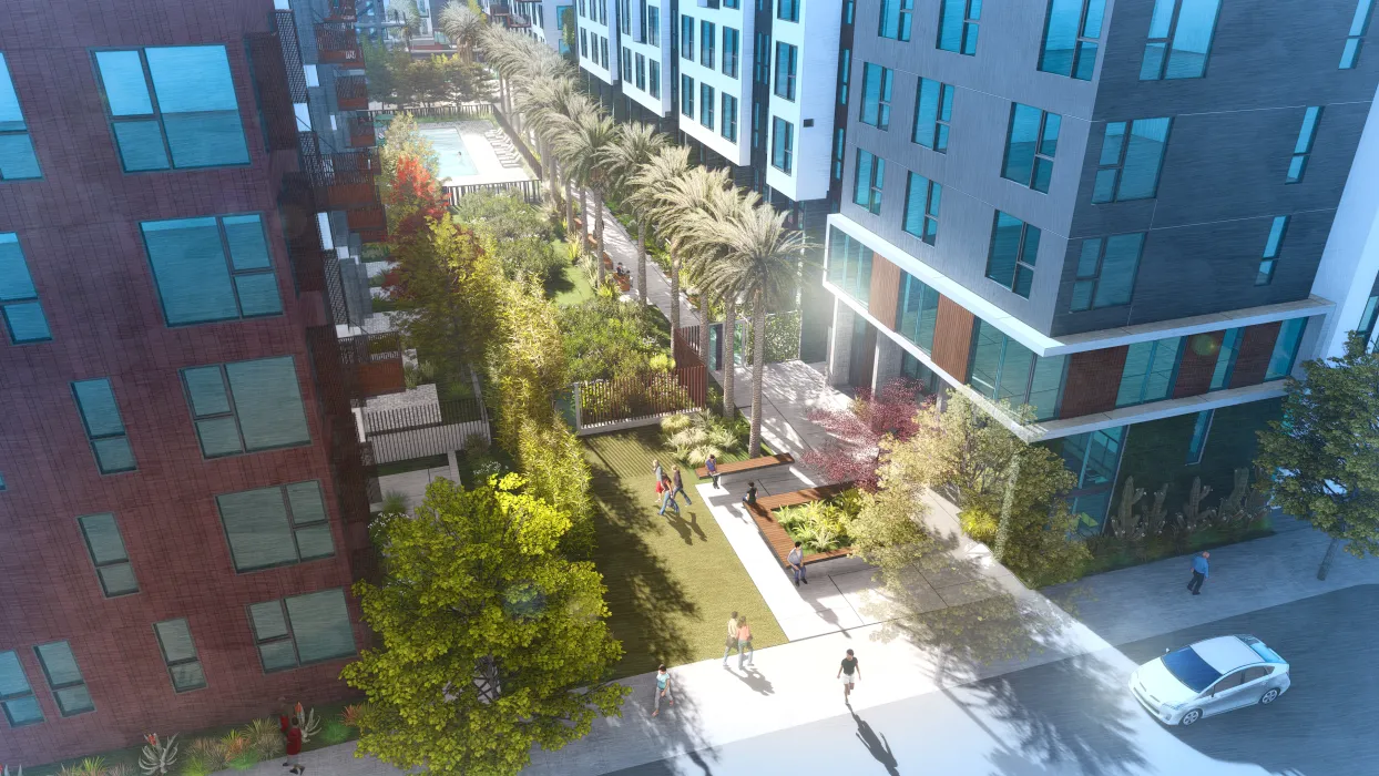 Aerial rendering of the pedestrian greenway at Windflower II in Union City, California.