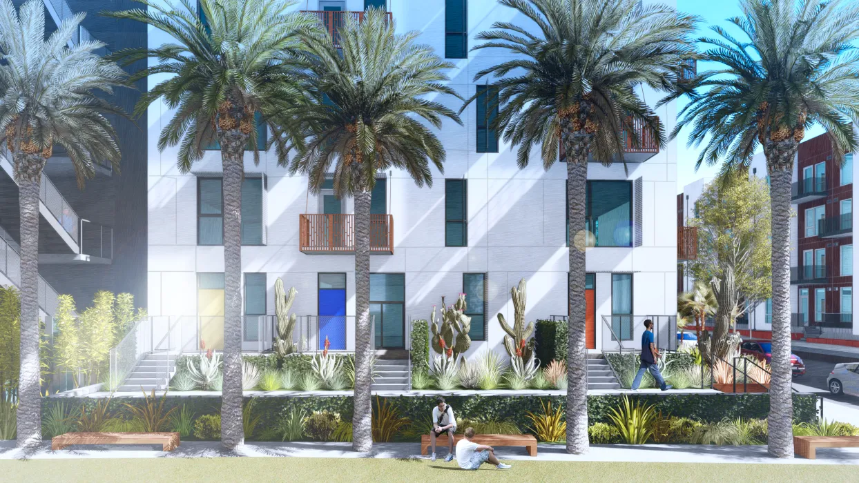 Exterior rendering of the ground floor units at Windflower II in Union City, California.