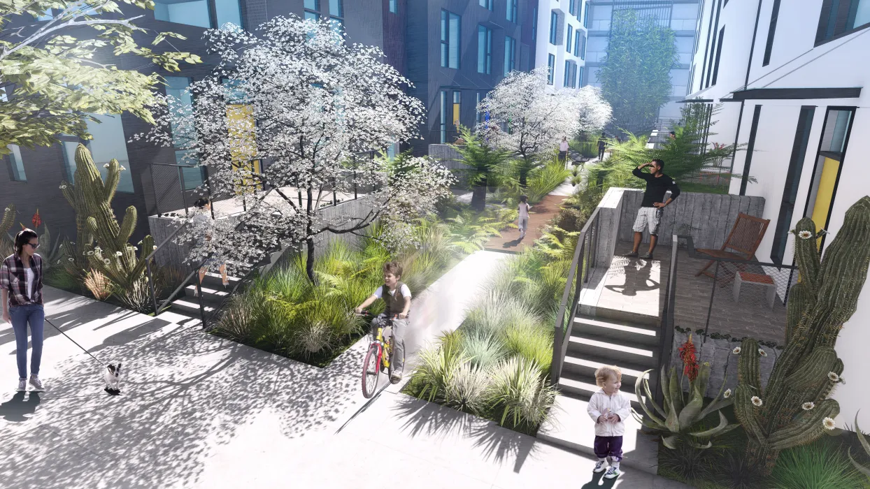 Exterior rendering of the pedestrian greenway at Windflower II in Union City, California.