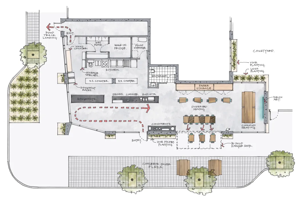 Schematic floor plan for Johnny Doughnuts in San Francisco.