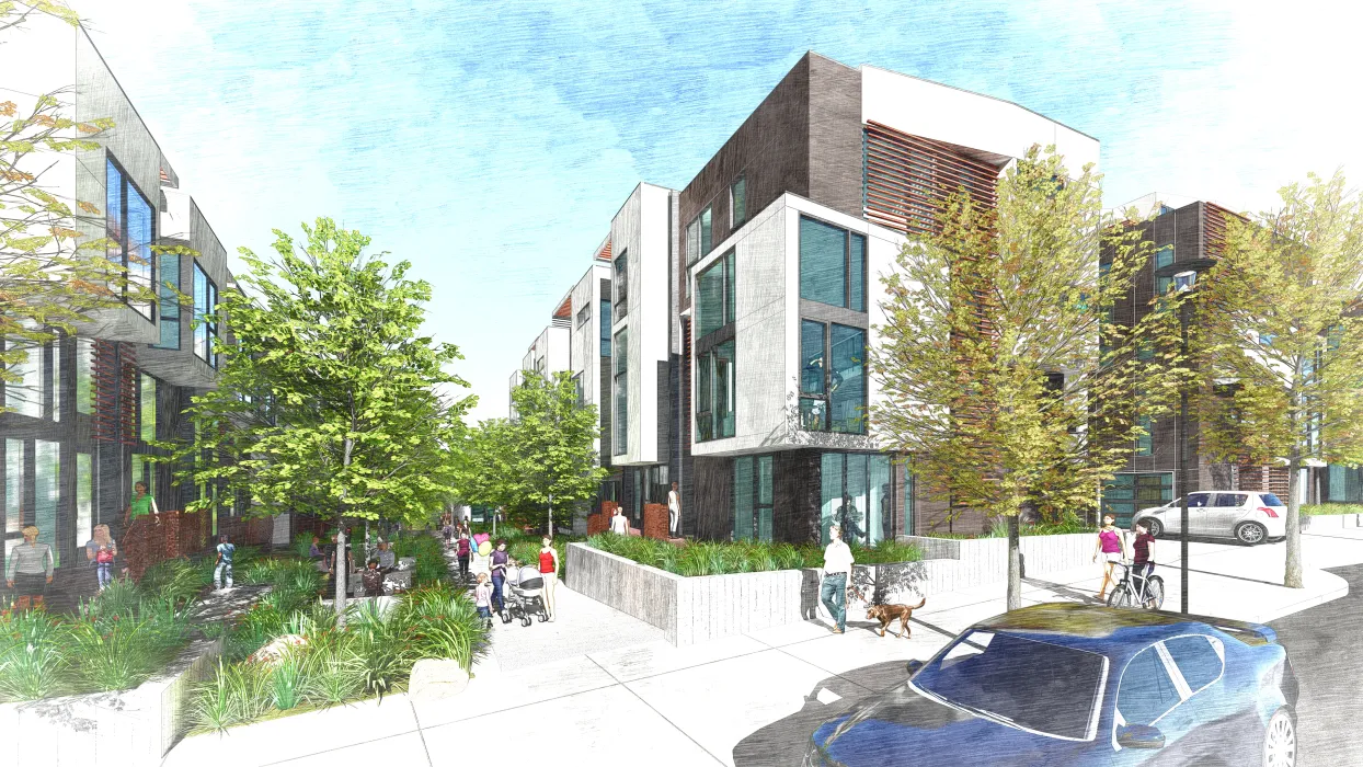 Exterior rendering of the pedestrian walkway for the The Grove in Durham, North Carolina.