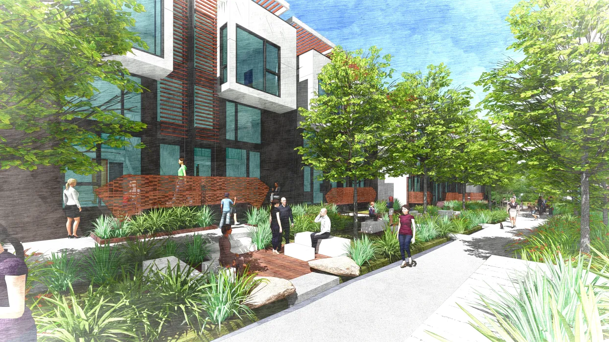 Exterior rendering of the garden mews for The Grove in Durham, North Carolina.