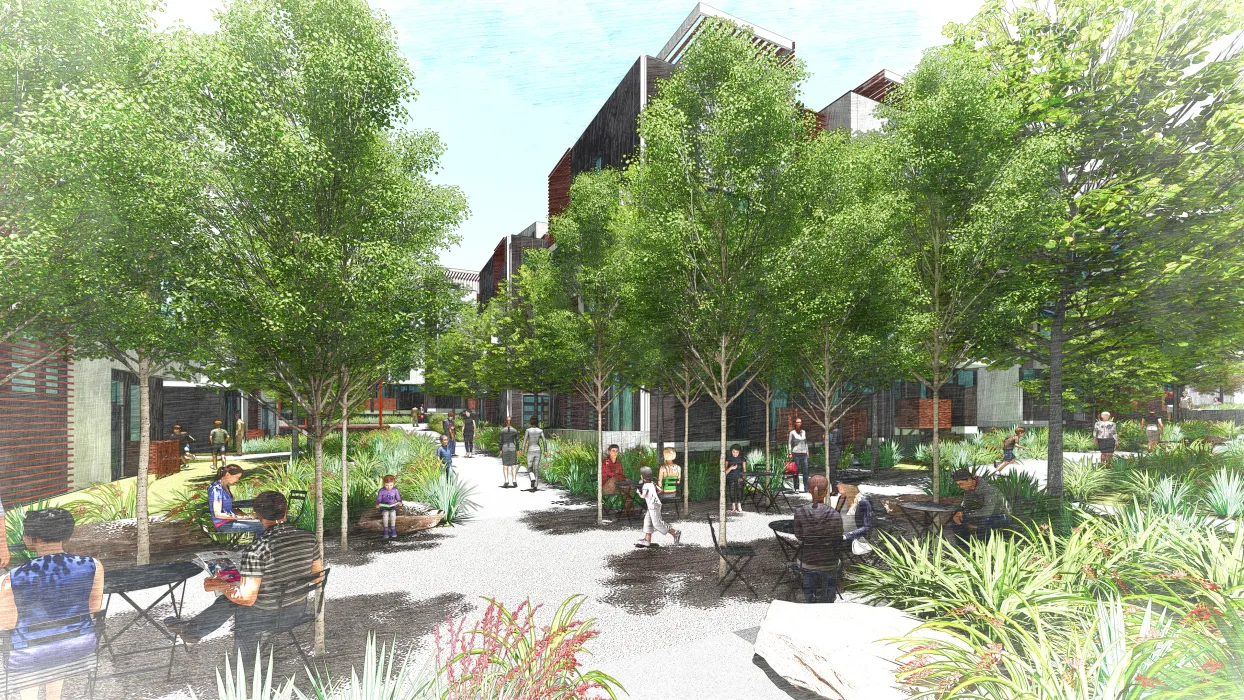 Exterior rendering of the grove park for the The Grove in Durham, North Carolina.